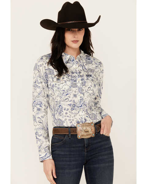 Wrangler Retro Women's Paisley Print Long Sleeve Snap Western Shirt , Blue, hi-res