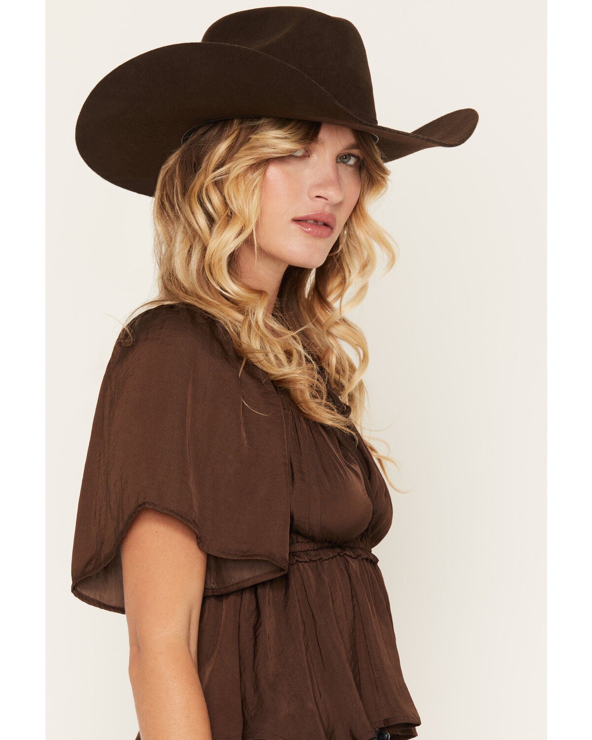 Image #2 - Shyanne Women's Hailey Satin Flounce Short Sleeve Peasant Blouse, Cognac, hi-res