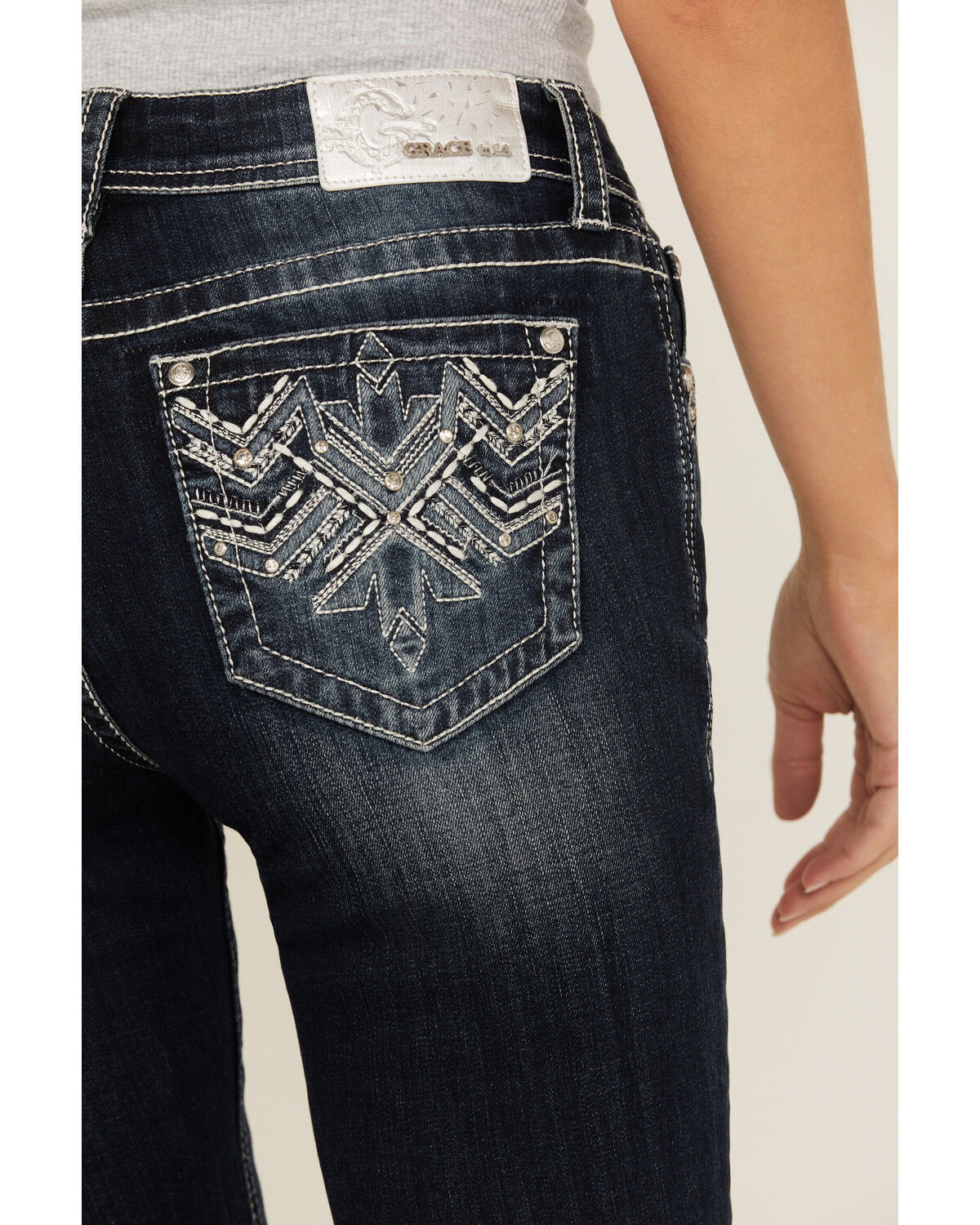 Image #2 - Grace in LA Women's Dark Wash Mid Rise Geo Pocket Bootcut Stretch Denim Jeans, Dark Wash, hi-res