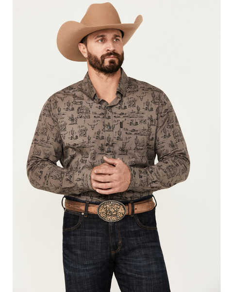 Ariat Men's Matteo Desert Print Long Sleeve Button-Down Stretch Western Shirt , Dark Grey, hi-res