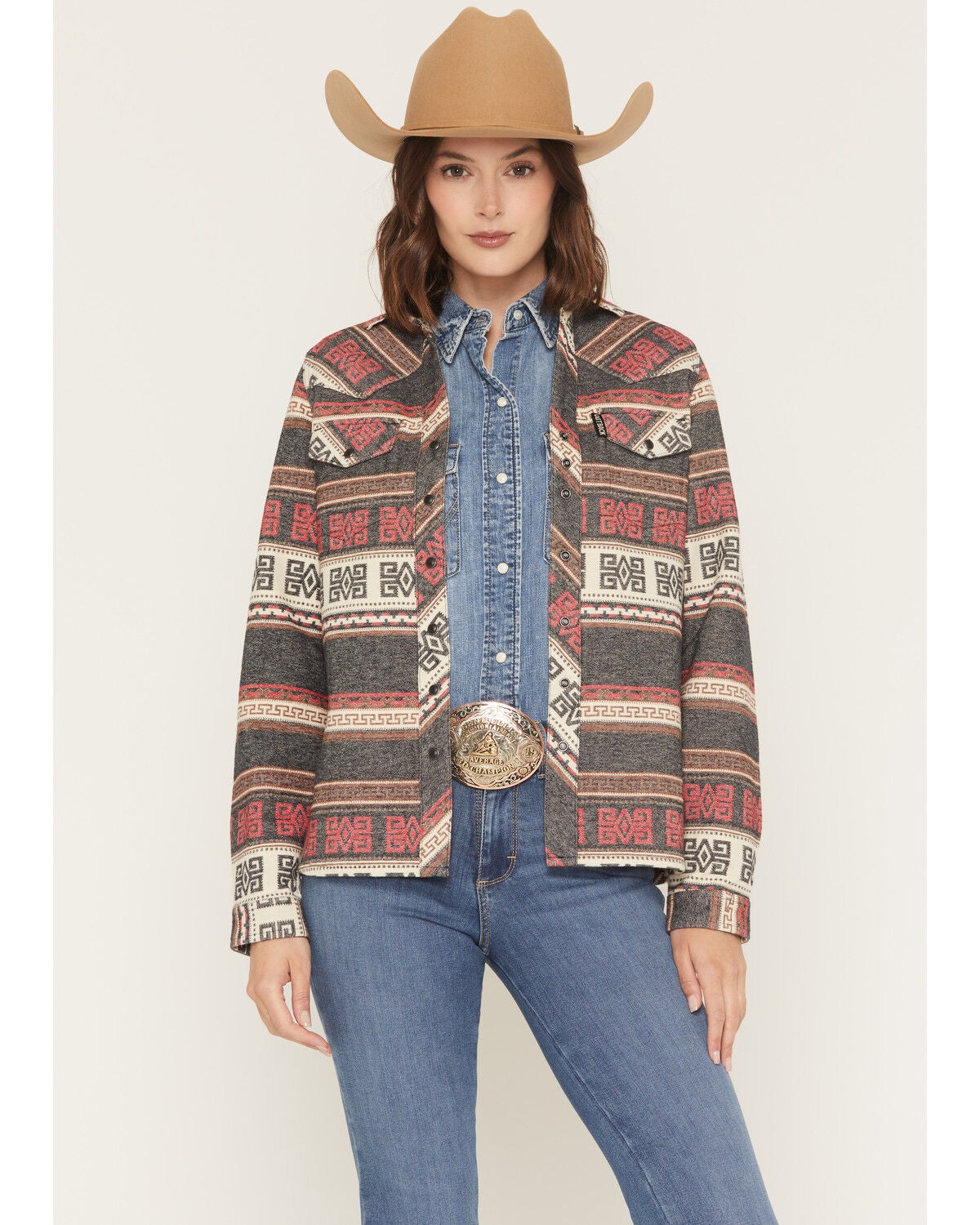 Outback Trading Co Women's Lorelei Southwestern Print Long Sleeve Snap Performance Shirt, Red, hi-res