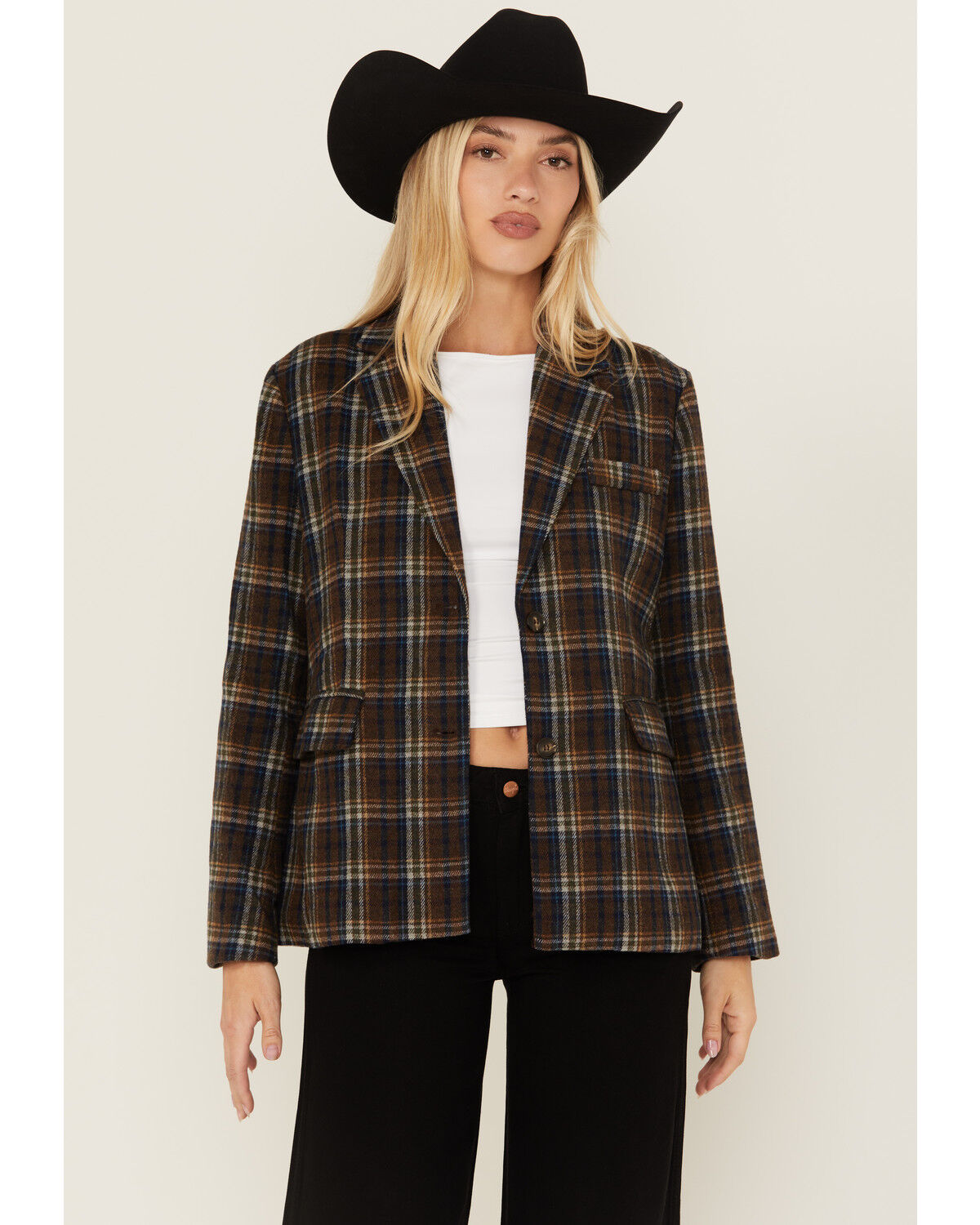 Image #1 - Sadie & Sage Women's Plaid Print Blazer, Navy, hi-res