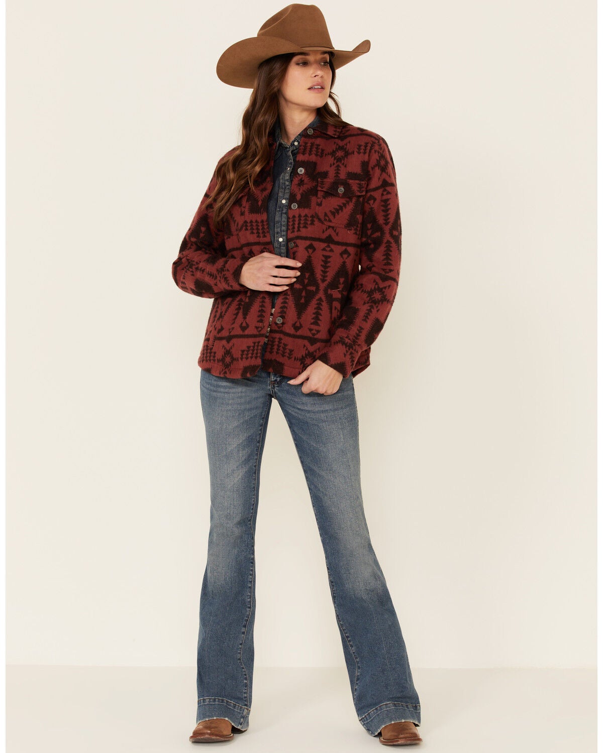 Image #2 - Ariat Women's R.E.A.L. Marsala Southwestern Print Shirt Jacket, Burgundy, hi-res