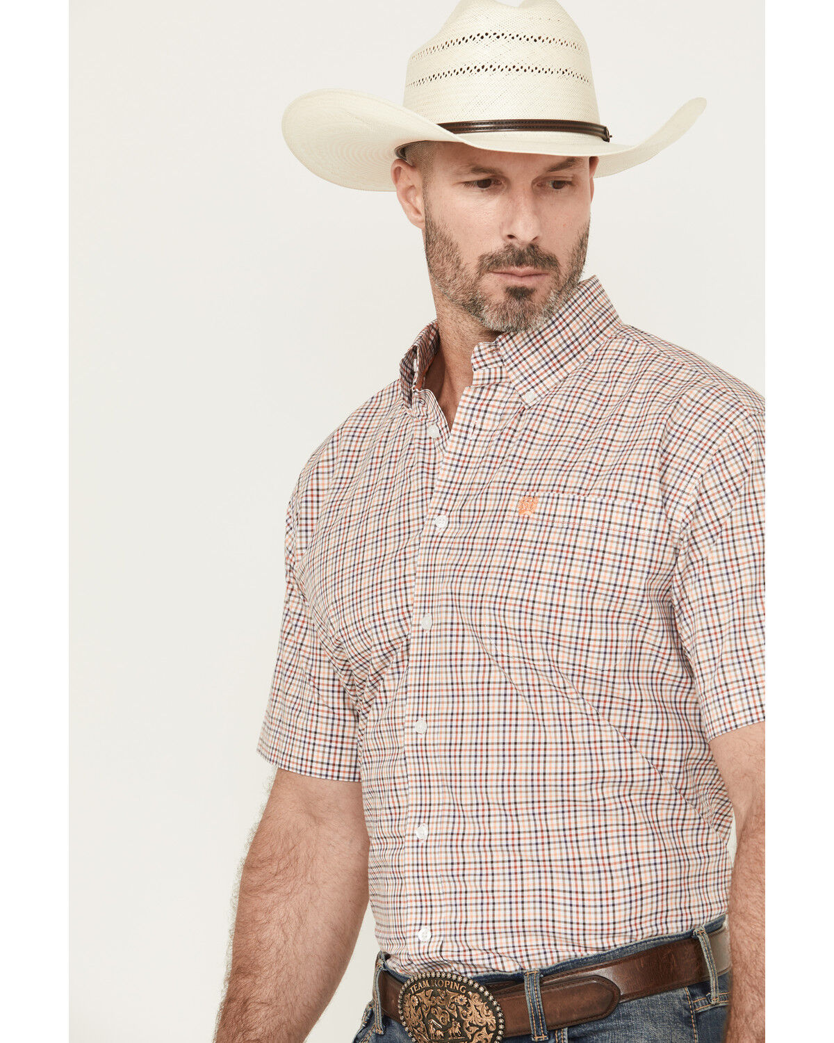 Image #2 - Cinch Men's Plaid Print Short Sleeve Button-Down Western Shirt, White, hi-res
