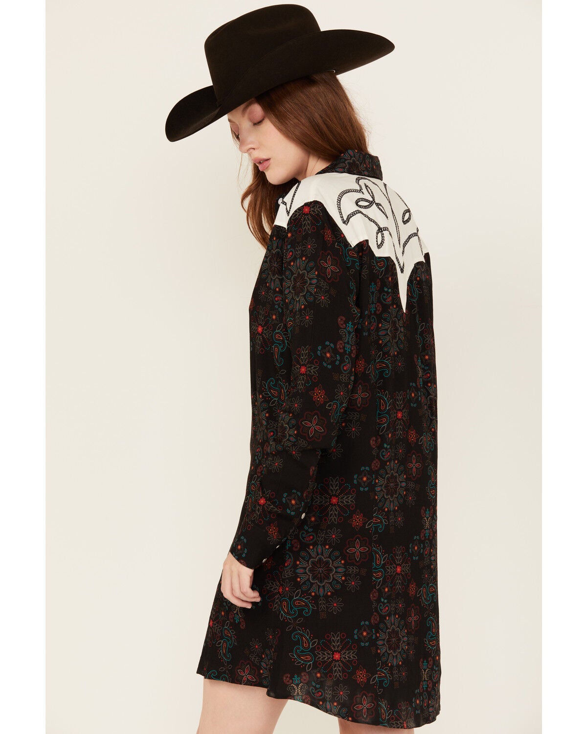 Image #4 - Panhandle Women's Floral Print Embroidered Long Sleeve Snap Western Mini Dress, Black, hi-res