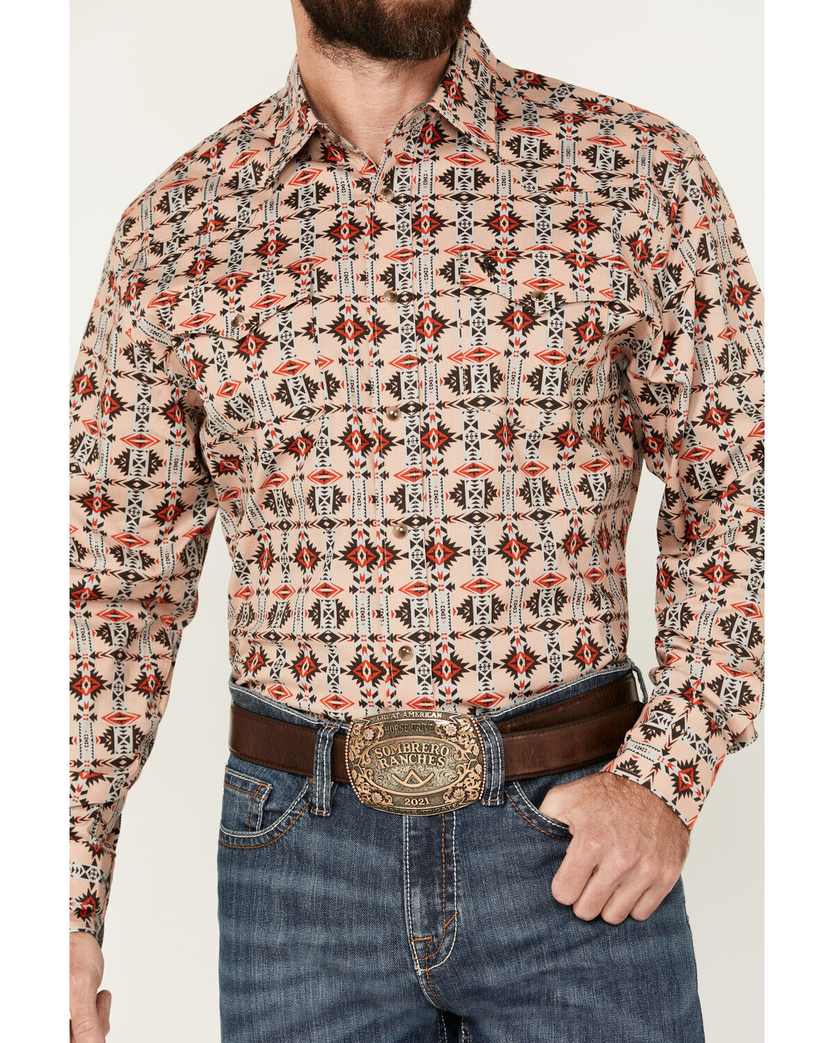 Image #3 - Rodeo Clothing Men's Southwestern Print Long Sleeve Snap Stretch Western Shirt, Tan, hi-res