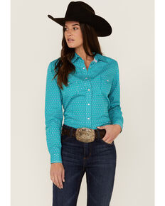 Panhandle Women's Micro Geo Print Snap Western Shirt, Turquoise, hi-res