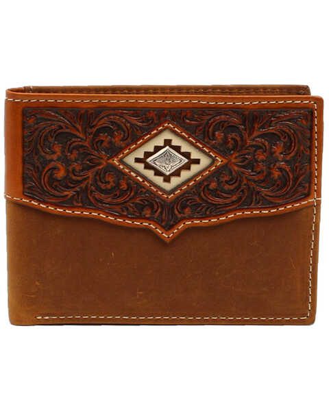 Ariat Men's Scalloped Overlay Bifold Wallet, Brown, hi-res
