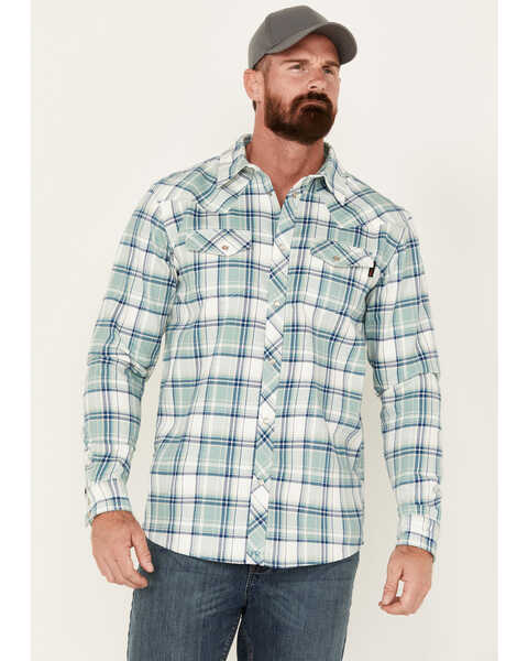 Image #1 - Cody James Men's FR Midweight Plaid Print Long Sleeve Pearl Snap Work Shirt , Blue, hi-res