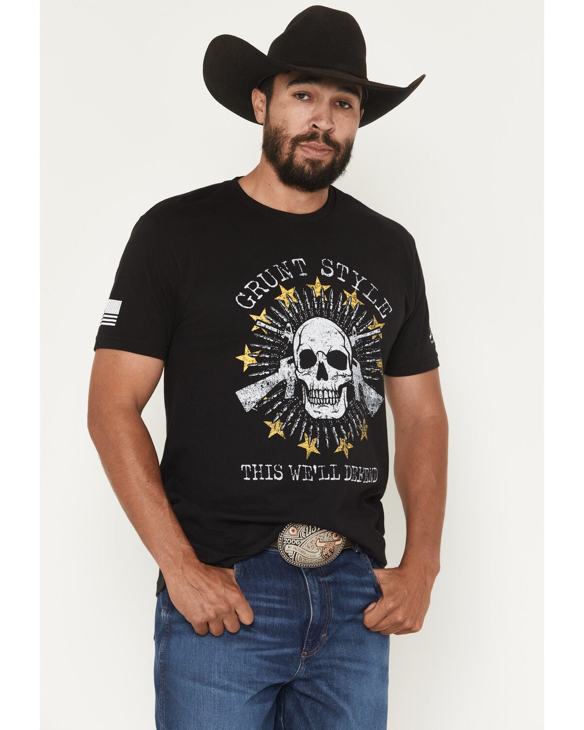 Image #1 - Grunt Style Men's Crossed Rifle Skull Short Sleeve Graphic T-Shirt, Black, hi-res