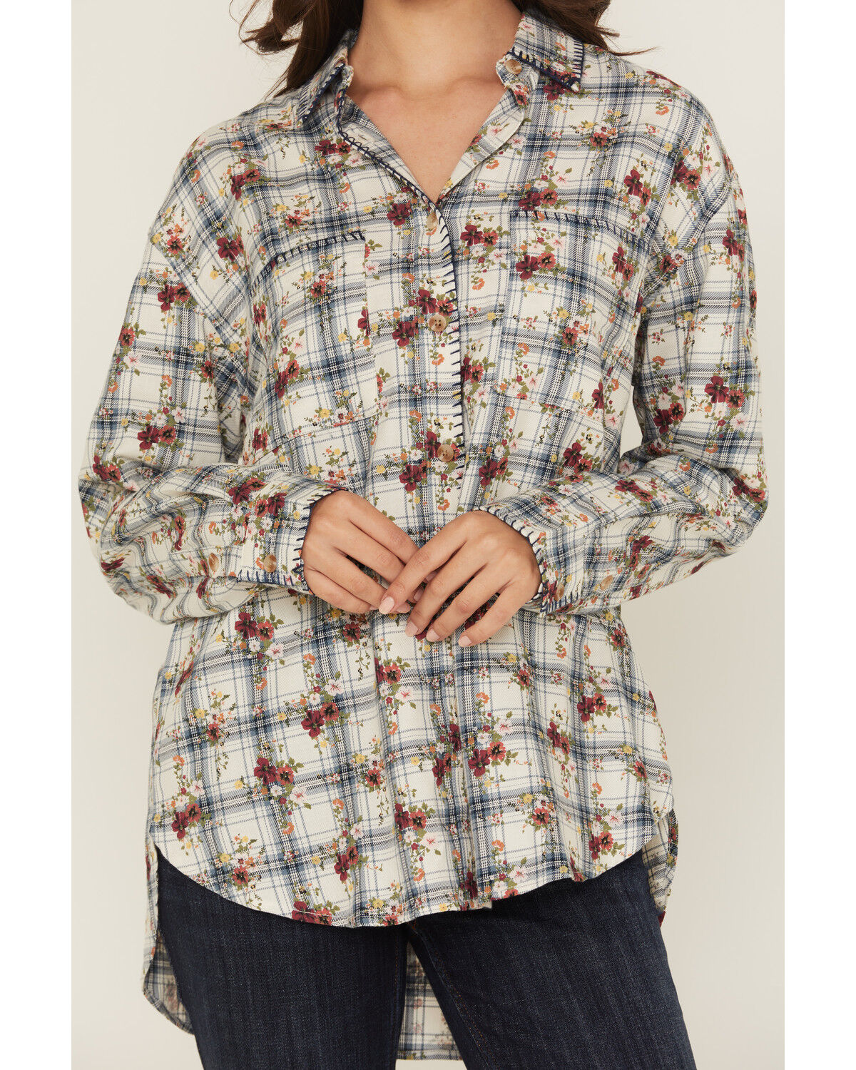 Image #3 - Evergreen Women's Floral Plaid Print Long Sleeve Button-Down Western Shirt, White, hi-res
