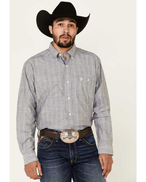 Image #1 - Ariat Men's Structure Stretch Striped Long Sleeve Western Shirt , Grey, hi-res