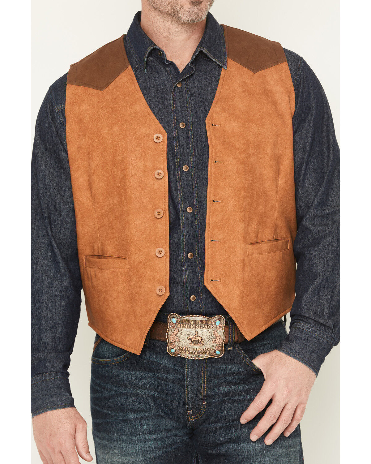 Image #3 - Cody James Men's Buckaroo Colorblock Faux Leather Button-Down Vest, Tan, hi-res