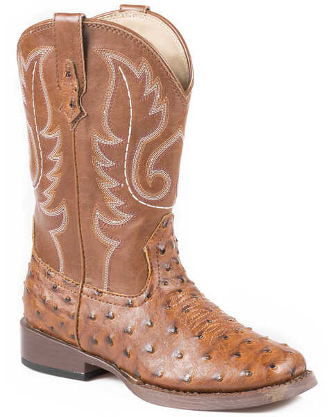 Roper Boys' Ostrich Print Cowboy Boots - Square Toe, Tan, hi-res