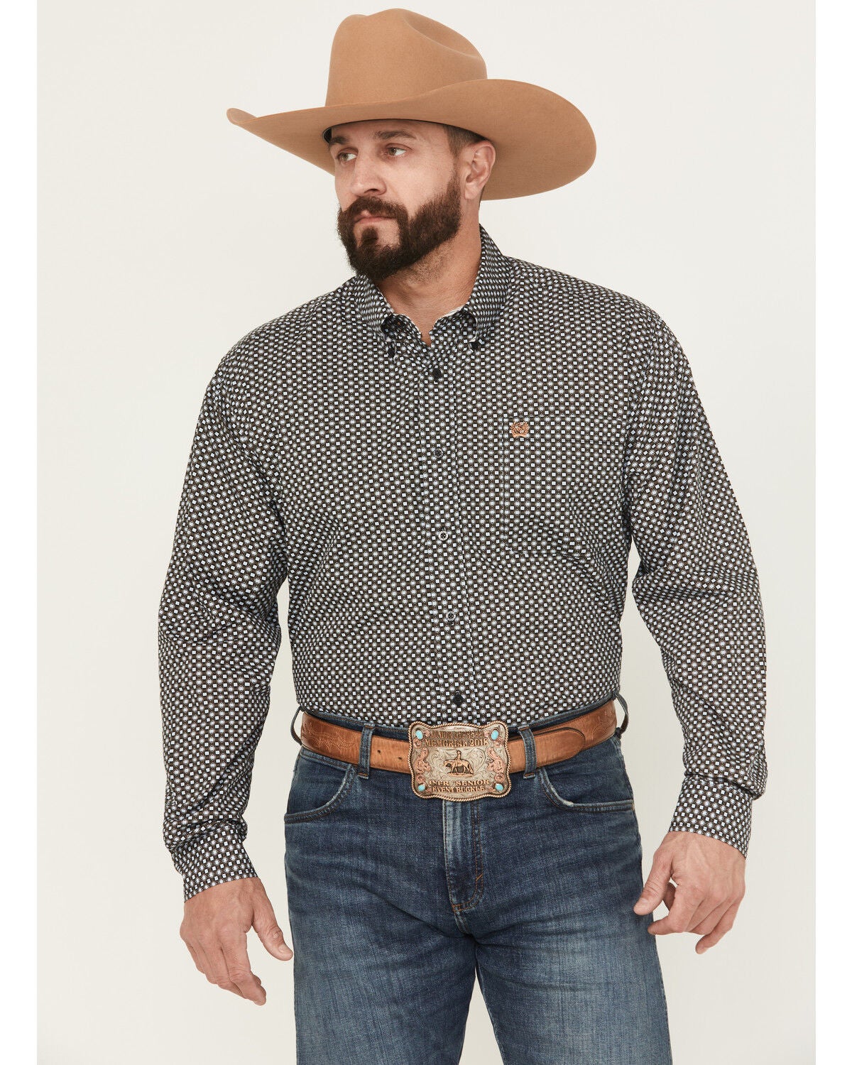 Cinch Men's Geo Print Long Sleeve Button-Down Western Shirt, Black, hi-res