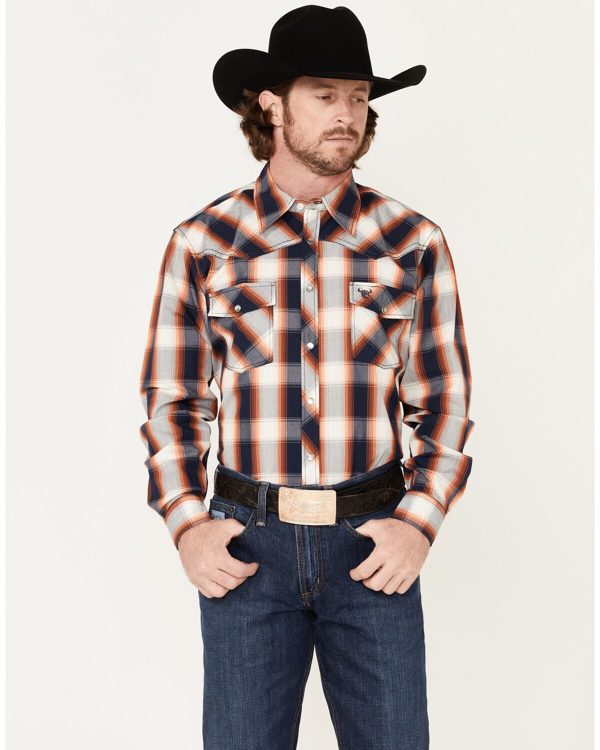 Cowboy Hardware Men's Hombre Large Plaid Pearl Snap Western Shirt, Orange, hi-res