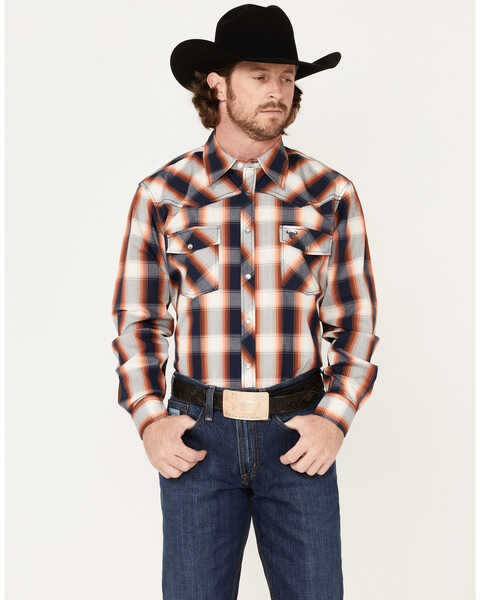 Image #1 - Cowboy Hardware Men's Hombre Large Plaid Pearl Snap Western Shirt , Orange, hi-res