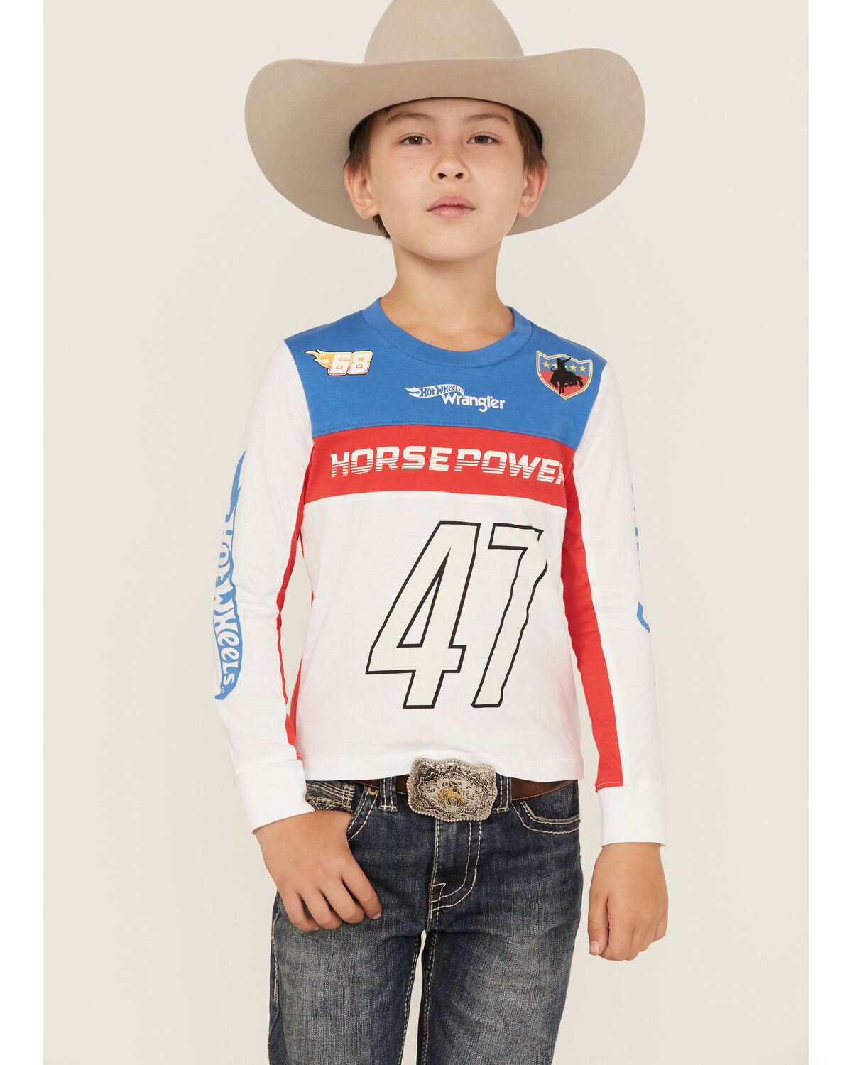 Image #1 - Wrangler® x Hot Wheels™ Boys' Horse Power Colorblock Long Sleeve Graphic T-Shirt, White, hi-res