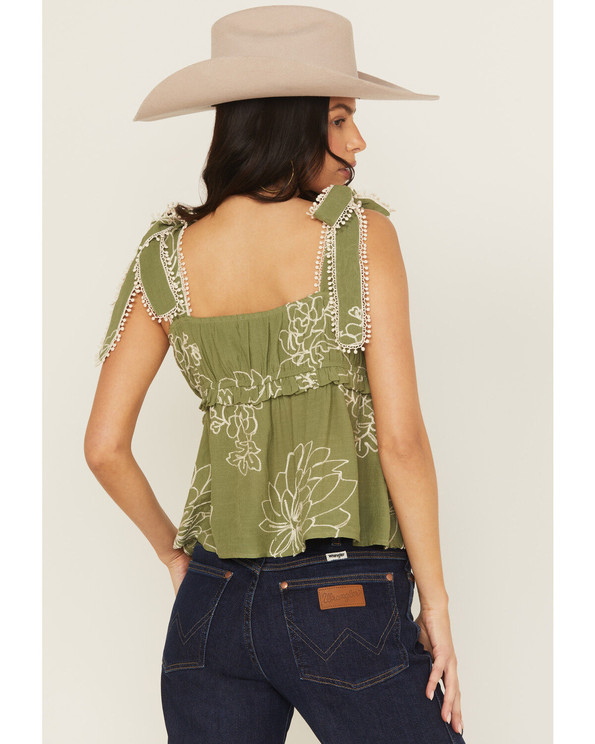 Image #4 - Wild Moss Women's Floral Embroidered Sleeveless Tie Strap Shirt, Olive, hi-res