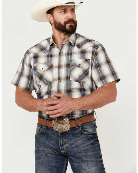 Rodeo Clothing Men's Plaid Print Short Sleeve Western Snap Shirt, Yellow, hi-res