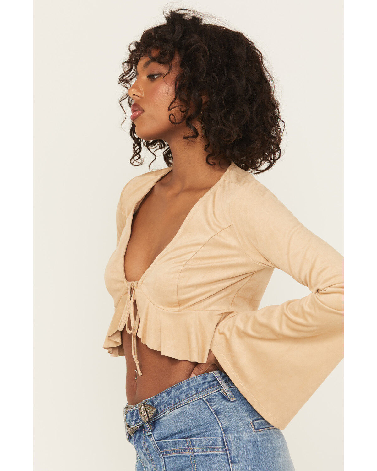 Image #2 - Shyanne Women's Bolero Faux Suede Long Sleeve Shirt, Khaki, hi-res