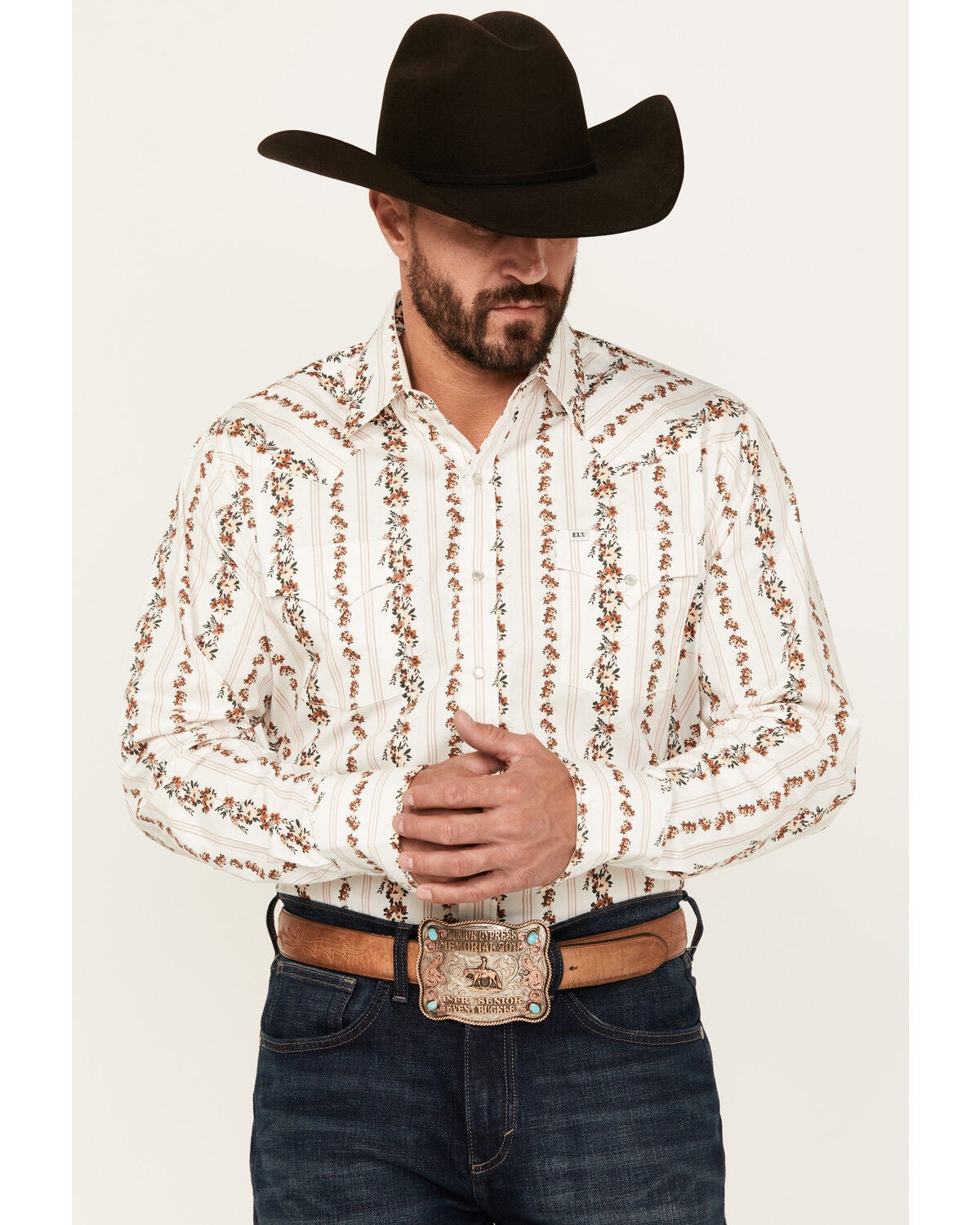 Ely Walker Men's Floral Striped Long Sleeve Pearl Snap Western Shirt, Cream, hi-res