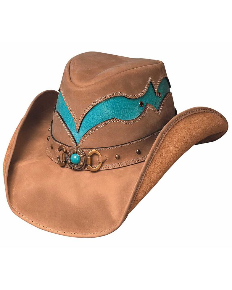 Bullhide Cascade Range Leather Outback Hat, Camel, hi-res