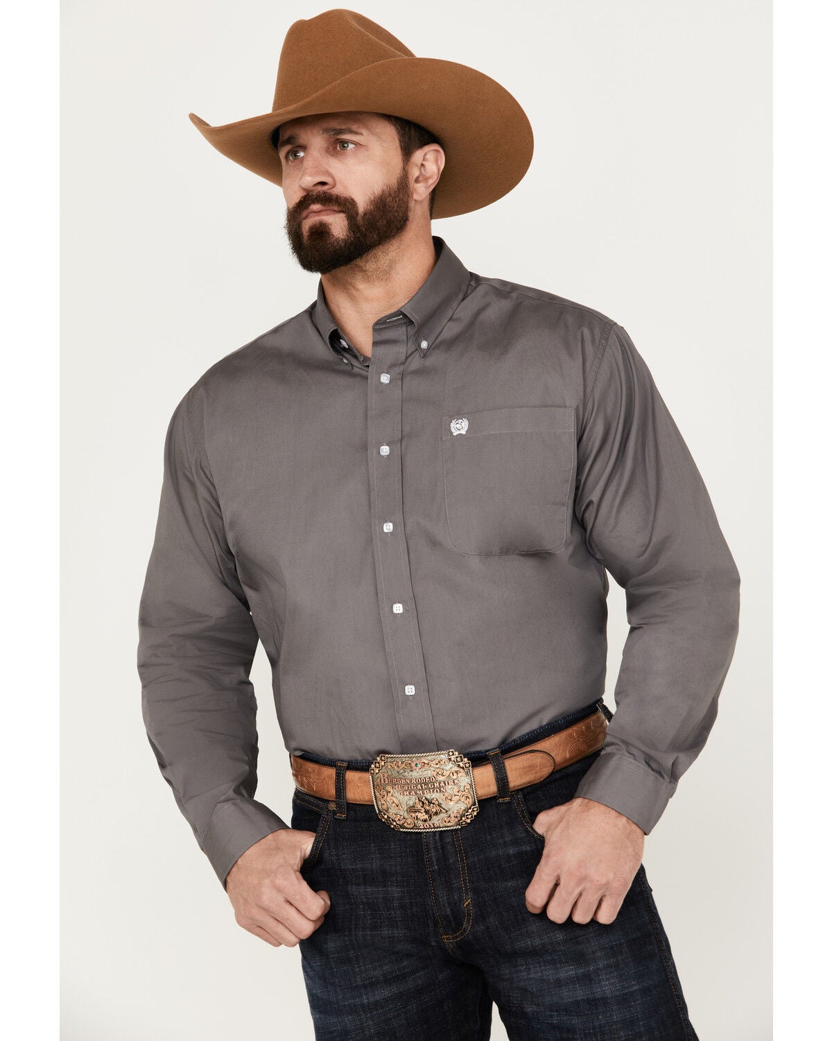 C&zwnj;inch Men's Solid Dove Gray Button Long Sleeve Shirt, Grey, hi-res