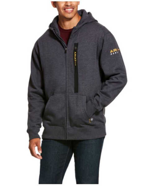Ariat Men's Heather Charcoal Rebar Workman Zip-Front Hooded Work Jacket, Charcoal, hi-res