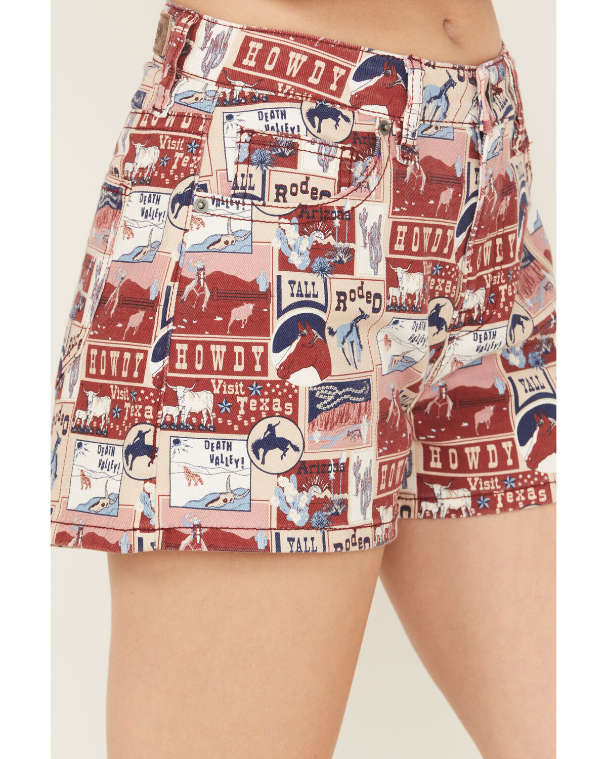 Image #2 - Rock & Roll Denim Women's High Rise Americana Print Stretch Denim Shorts, Red, hi-res