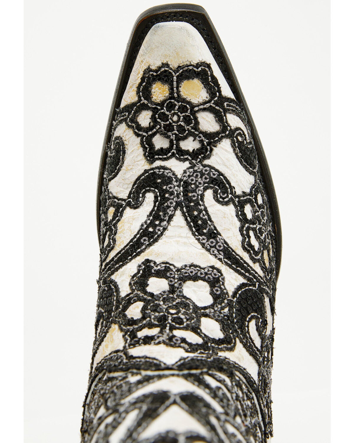 Image #6 - Corral Women's Floral Overlay Sequin Tall Western Boots - Snip Toe, Black/white, hi-res