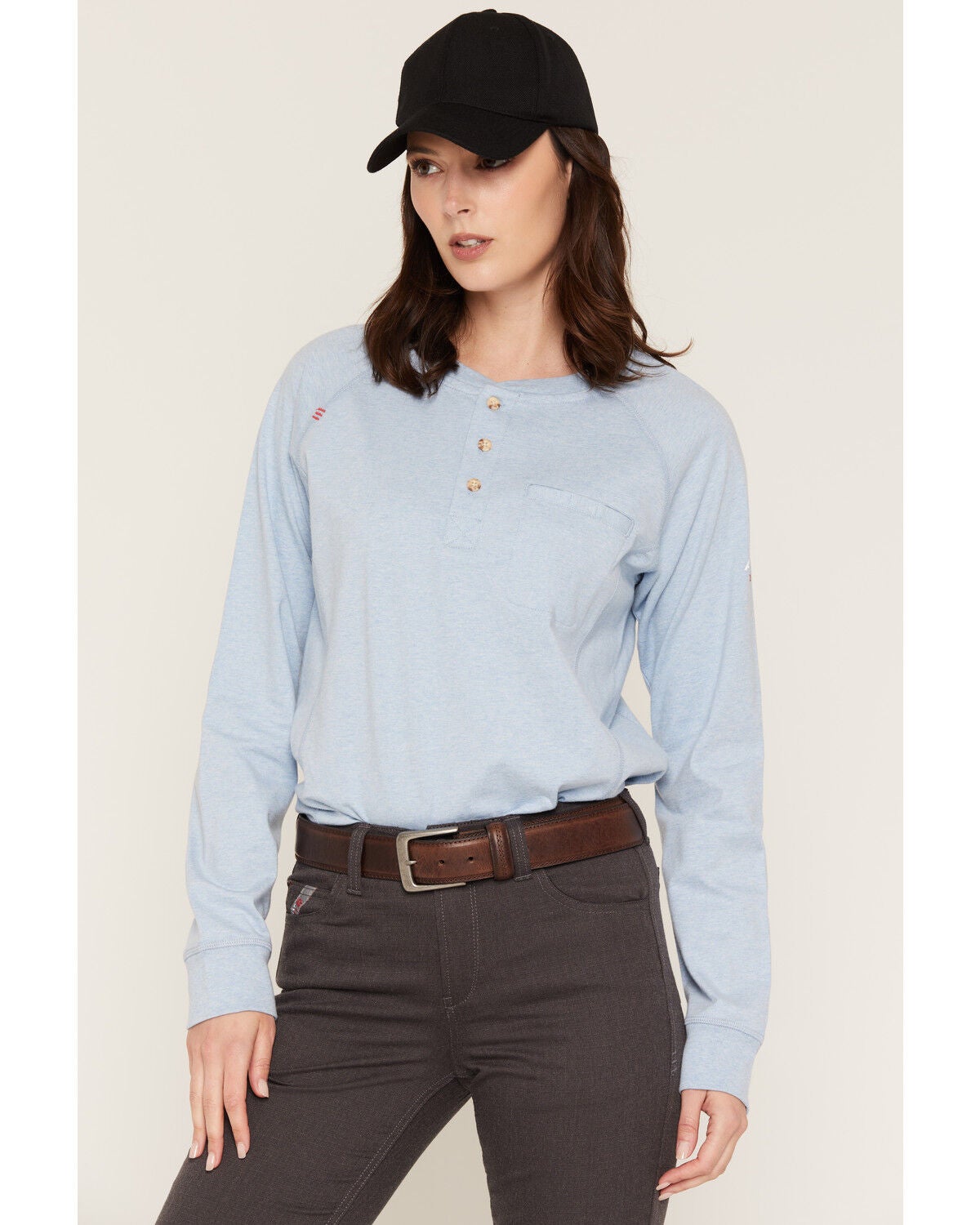 Image #1 - Ariat Women's FR Air Henley Long Sleeve 1/4 Button-Down Work Shirt, Heather Blue, hi-res