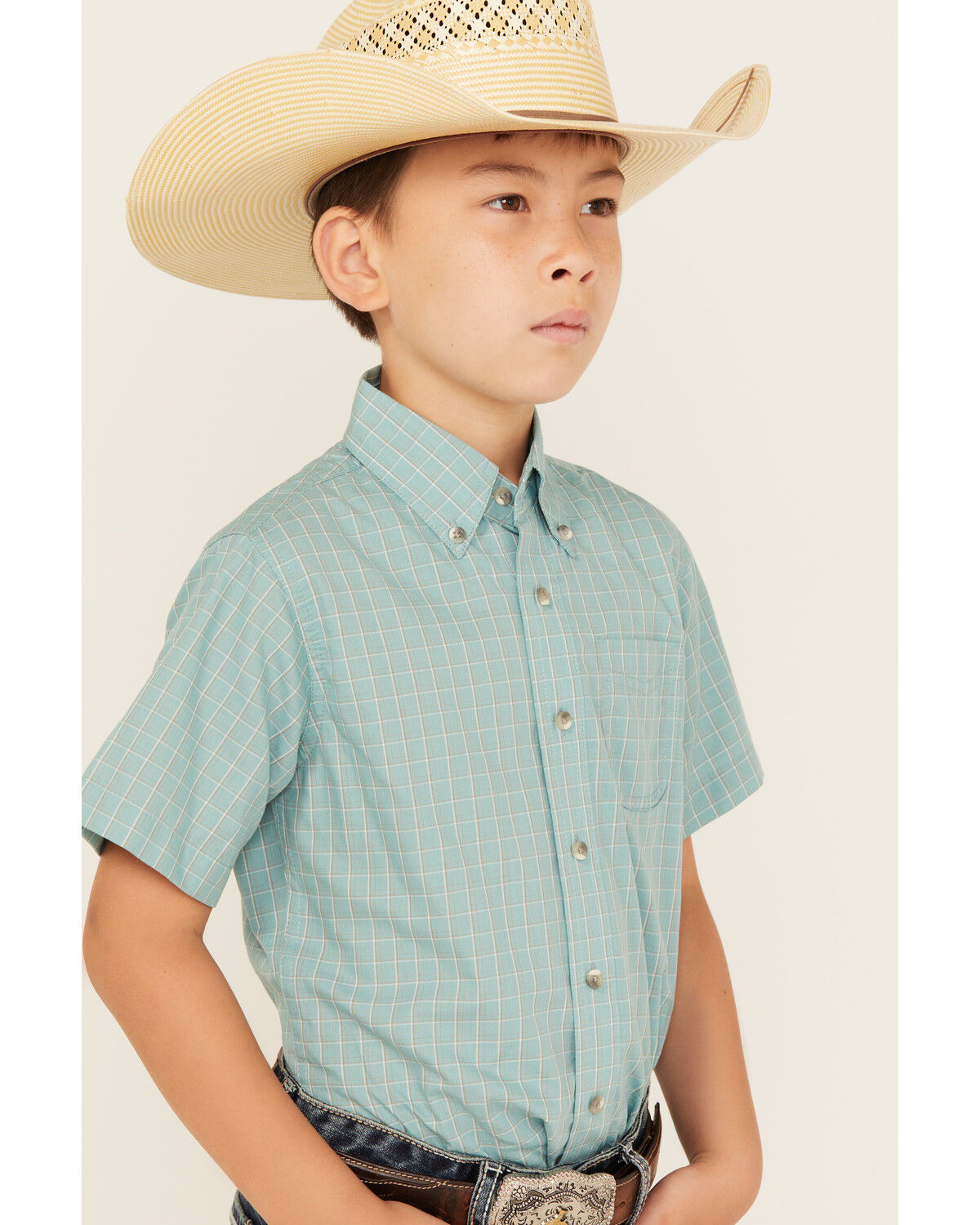 Image #2 - Wrangler Riata Boys' Plaid Print Short Sleeve Button-Down Western Shirt, Teal, hi-res