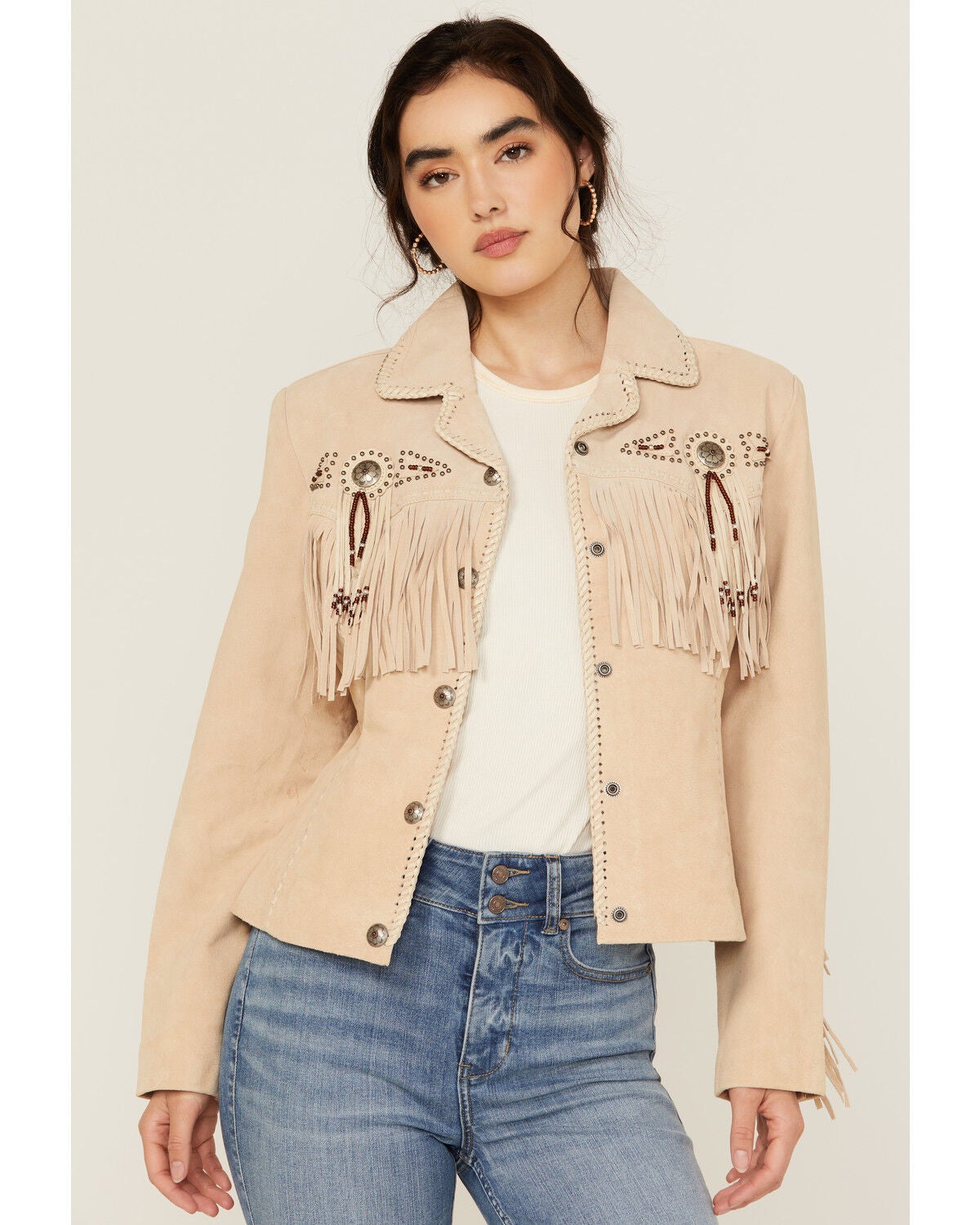 Scully Women's Fringe and Beaded Jacket, Cream, hi-res