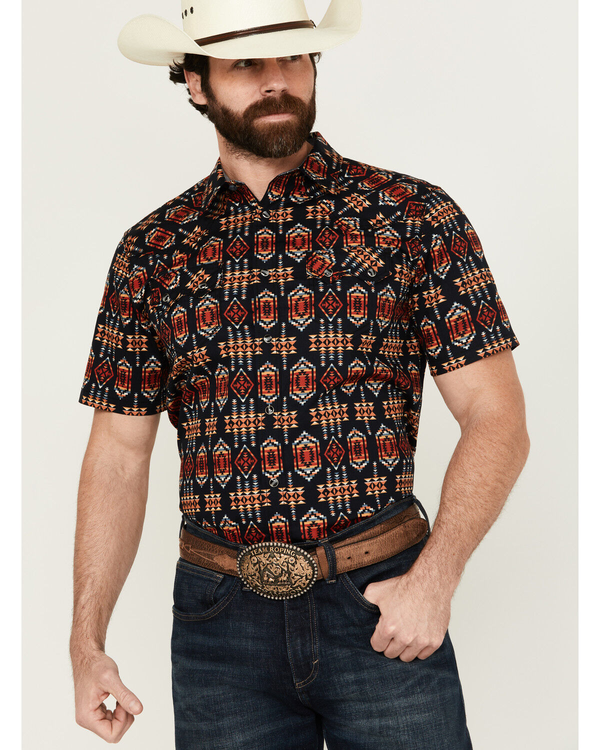 Image #1 - Cody James Men's Axe Throw Southwestern Print Short Sleeve Snap Western Shirt, Navy, hi-res