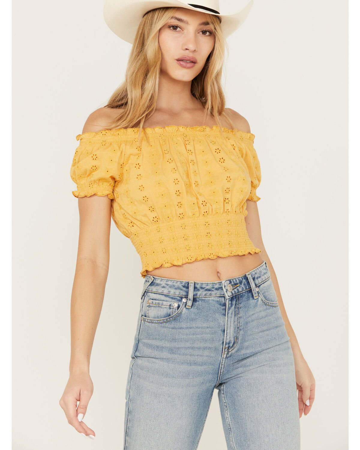 Image #1 - Cleo + Wolf Women's Knit Eyelet Smocked Crop Top, Light Yellow, hi-res