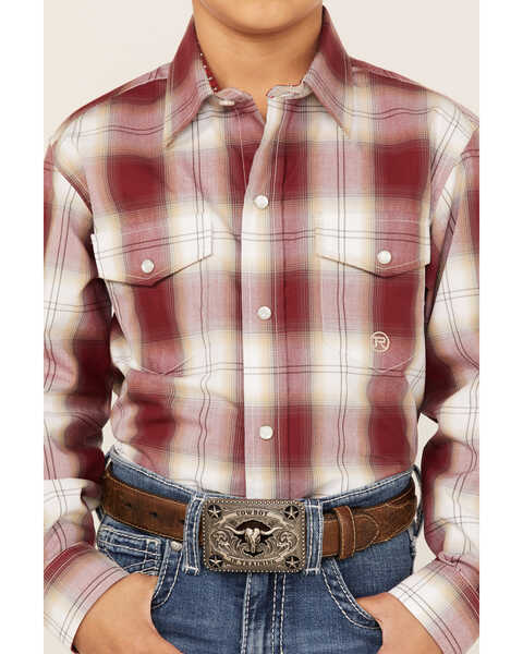 Image #3 - Roper Boys' Amarillo Plaid Print Long Sleeve Western Pearl Snap Shirt, Red, hi-res