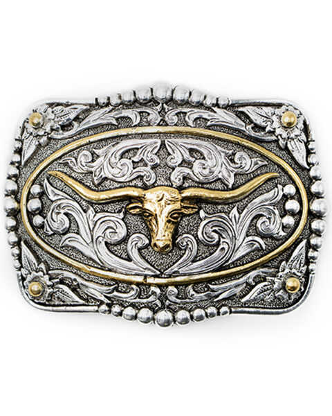 Image #1 - Cody James Men's Scrolled Longhorn With Gold Ring Belt Buckle, No Color, hi-res