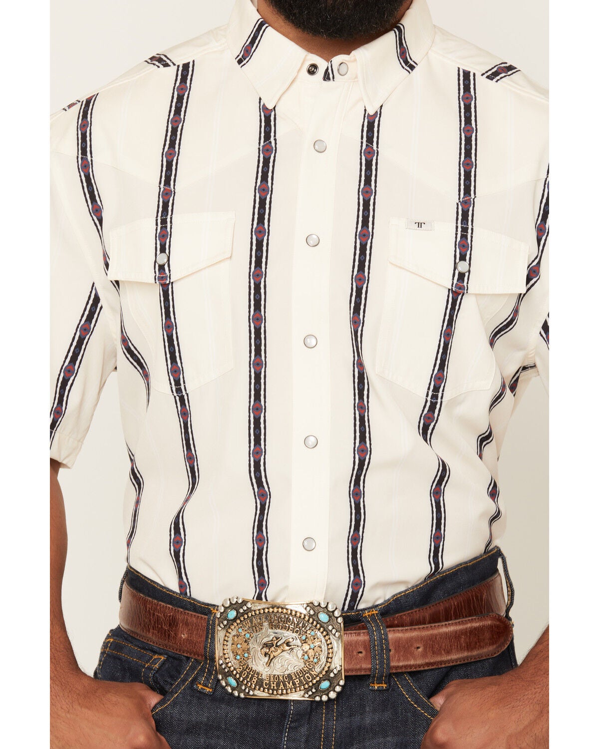 Image #3 - Ferrell Men's Tek Outlaw Southwestern Striped Print Short Sleeve Snap Performance Western Shirt, White, hi-res