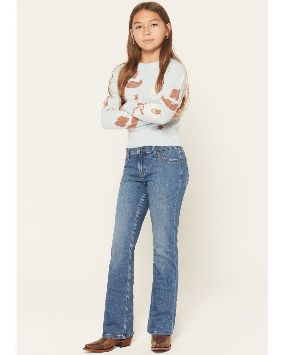 Image #1 - Wrangler Girls' Dark Wash Bootcut Stretch Denim Jeans, Dark Wash, hi-res