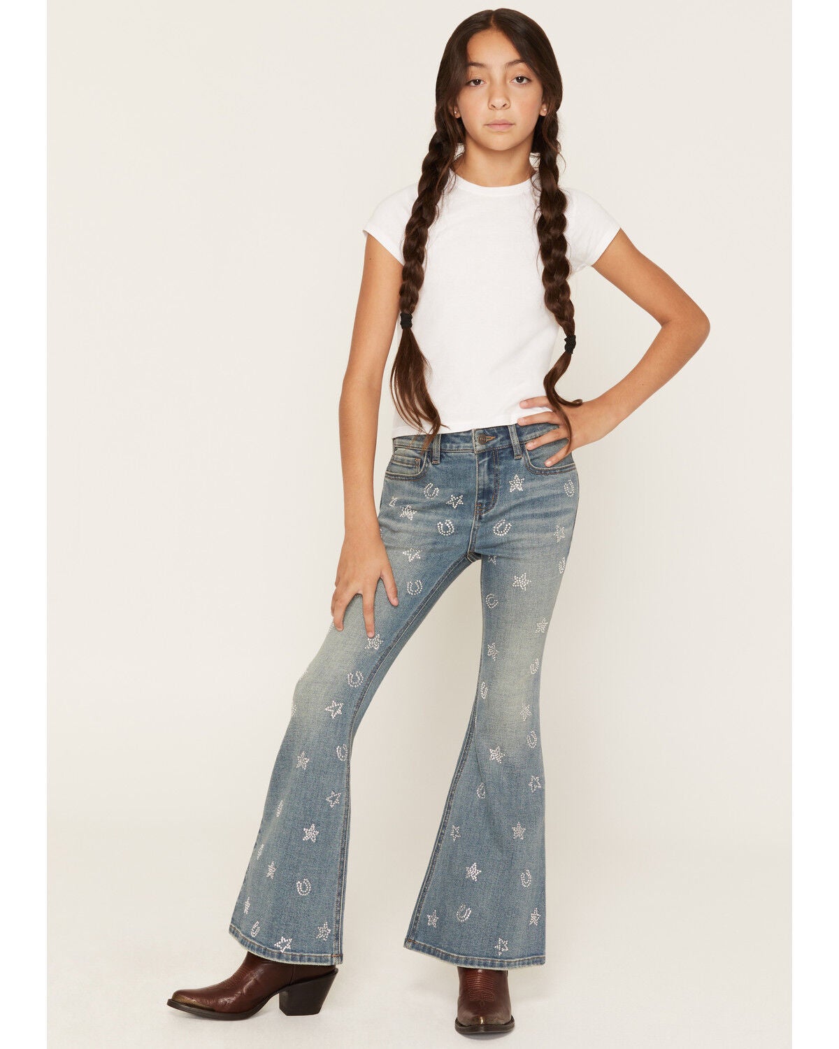 Shyanne Girls' Amber Dark Wash Rhinestone Embellished Lacey Flare Stretch Denim Jeans, Dark Wash, hi-res