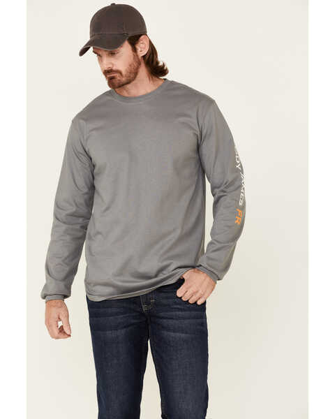 Cody James Men's Light Grey FR Logo Long Sleeve Work T-Shirt , Light Grey, hi-res