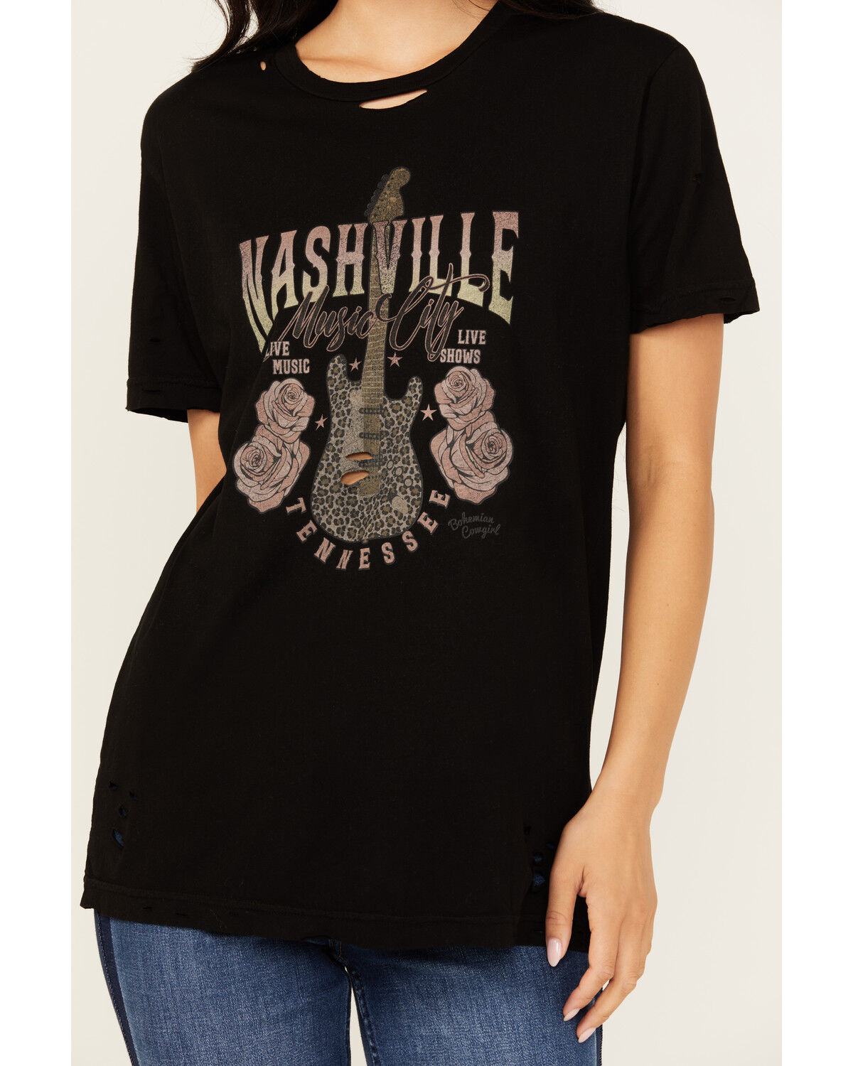 Image #3 - Bohemian Cowgirl Women's Nashville Leopard Guitar Destructed Short Sleeve Graphic Tee, Black, hi-res