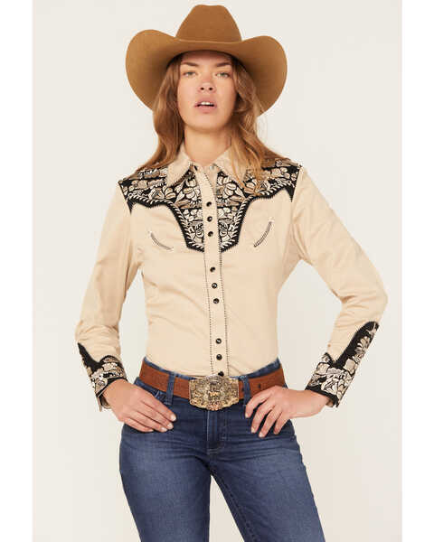Scully Women's Floral Tooled Embroidered Long Sleeve Western Shirt, Black/tan, hi-res