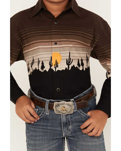 Image #3 - Panhandle Boys' Cactus Sunset Border Print Long Sleeve Snap Western Shirt, Black, hi-res