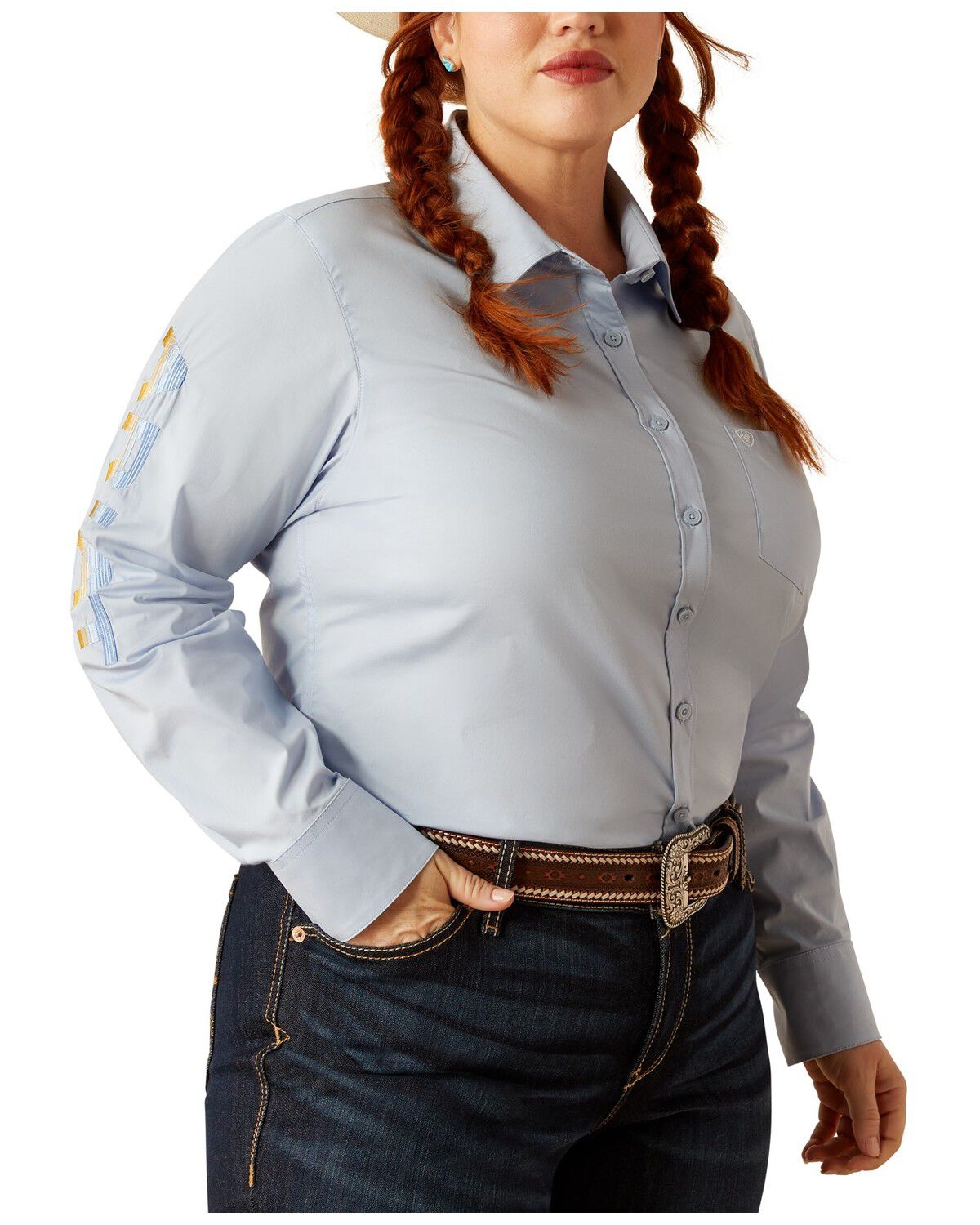 Image #1 - Ariat Women's Team Kirby Embroidered Long Sleeve Button-Down Stretch Western Shirt - Plus, Light Blue, hi-res