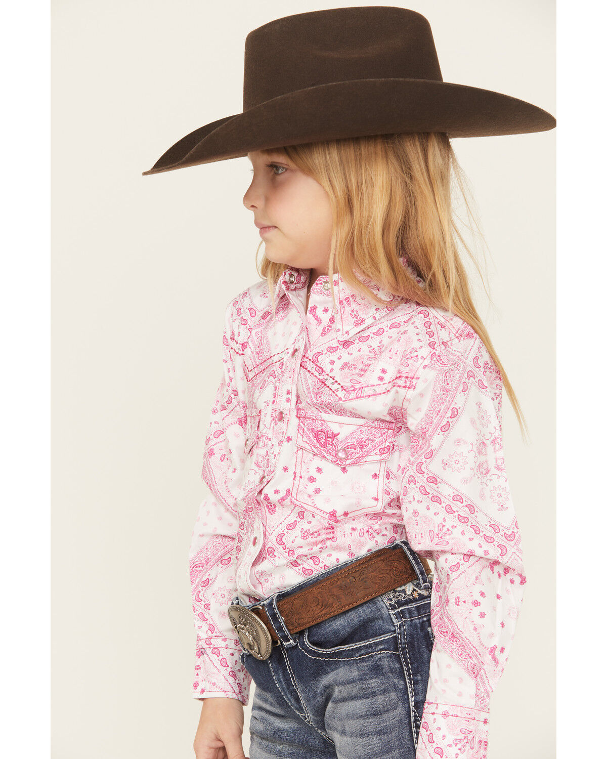 Image #2 - Cowgirl Hardware Girls' Bandana Print Long Sleeve Pearl Snap Stretch Western Shirt, Pink, hi-res