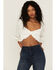 Image #1 - Lush Women's Long Sleeve Smocked Tie Front Blouse, Off White, hi-res