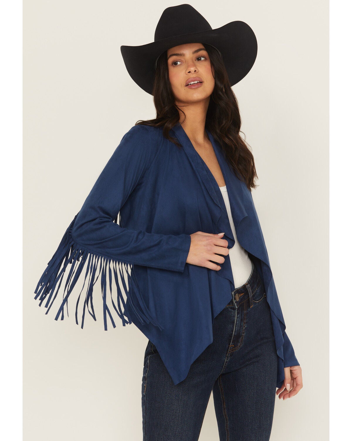 Shyanne Women's Cascade Front Fringe Faux Suede Fringe Jacket, Navy, hi-res
