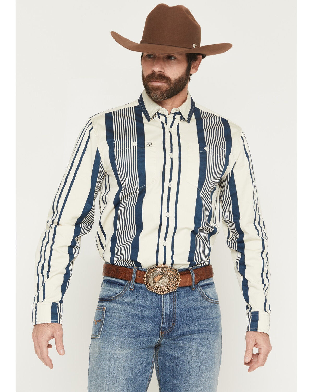 Kimes Ranch Men's Reddy Stripe Print Long Sleeve Button-Down Western Shirt, Blue, hi-res